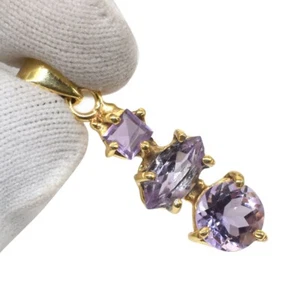 22k Gold Plated Amethyst Pendant 925 Sterling Silver 1.5" - Picture 1 of 7
