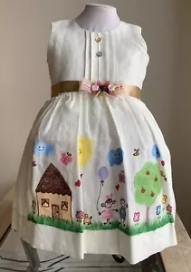Baby Girl Dress Beige Linen 12-18 Months Birthday Holiday hand painted Handmade - Picture 1 of 8