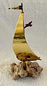 Vintage brutalistische Metall Segelboot Skulptur Wurzelholz montiert signiert Möwe - Bild 1 von 12