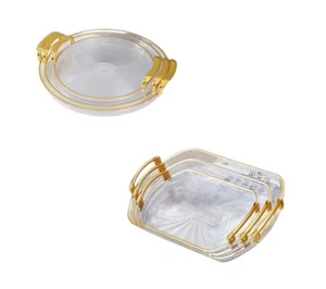 Set of 3 Plastic Serving Trays with Golden Rim Border for Living Room, Kitchen - Picture 1 of 17