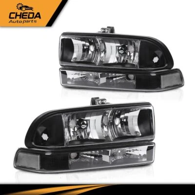 Fit For 1998-2005 Chevy Blazer/S10 Pickup Black Housing Headlights Bumper Lamps - Image 1 of 4