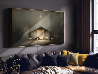 Belén Arte en Lienzo Sagrada Familia con Niño Jesús, María y José, Navidad Foto 1 de 4