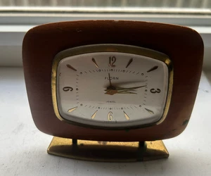 GERMANY FLORN JEWEL ALARM CLOCK WITH Luminous Hands Wood Brass FOR REPAIR - Picture 1 of 3