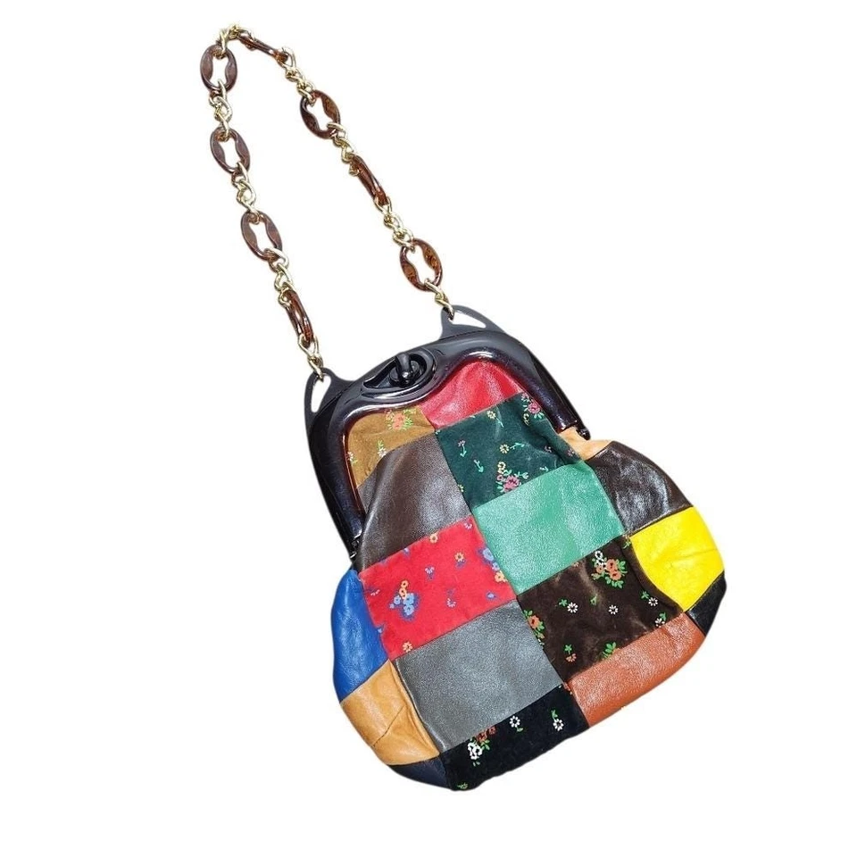 Bolso de Colección Años 60 Italiano Cuero Patchwork Lucite Marco Cadena Tortuga Correa BOHO Foto 1 de 4