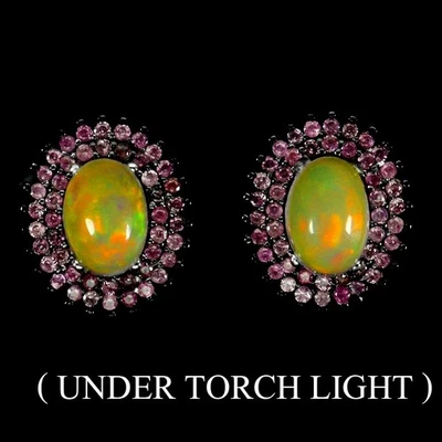 Orecchini in argento sterling 925 opale di fuoco ovale 7x5 mm zaffiro gemma... - Immagine 1 di 4