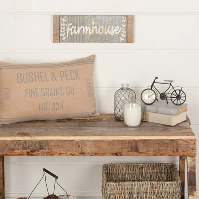 Farmhouse 14"x22" Grain Sack Pillow Tan Stenciled Grace Bedroom Decor VHC Brands - Image 1 of 4