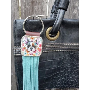 Handmade boho Boston terrier Gift Leather Fringe Western bag charm keychain - Picture 1 of 4
