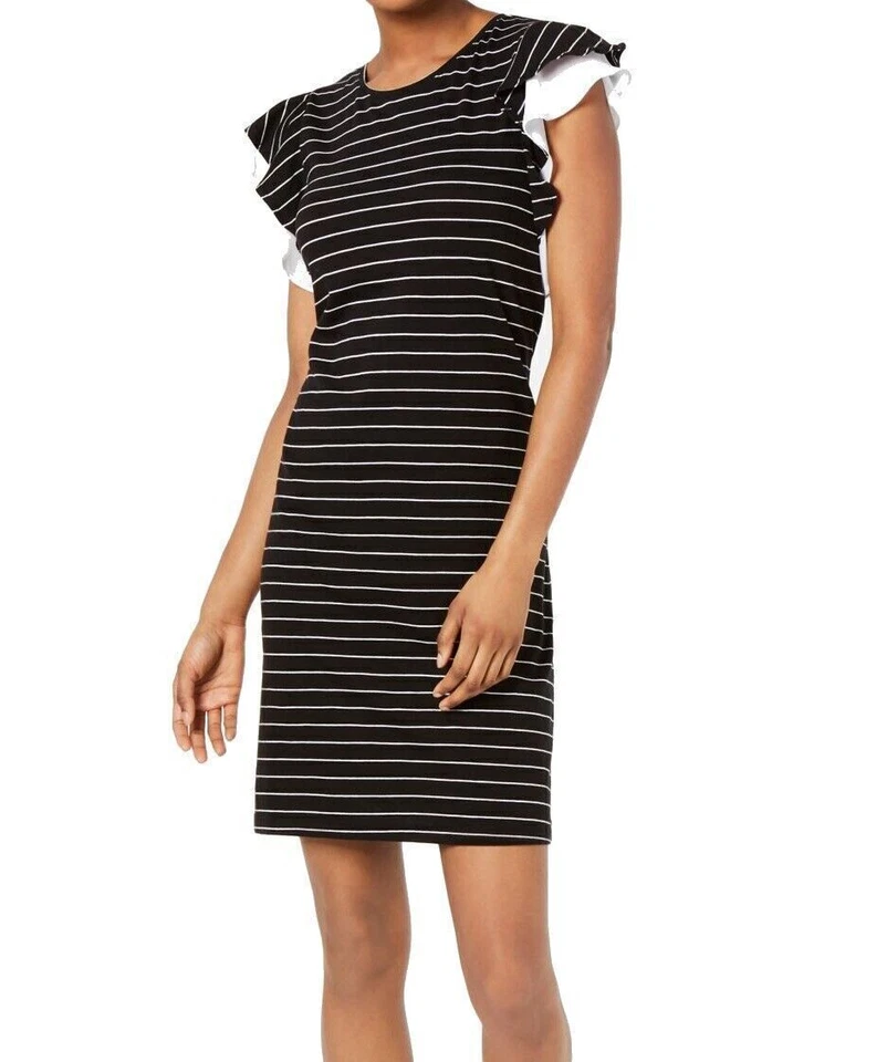 Maison Jules Dress Boat Neck Striped Shift Ruffle Sleeve Black Sz XS 378