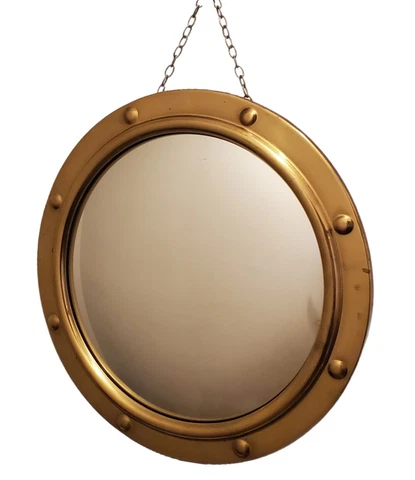Vintage English Brass Porthole Mirror Convex 14.5" Natical Wall Hanging 30s-50s Cover