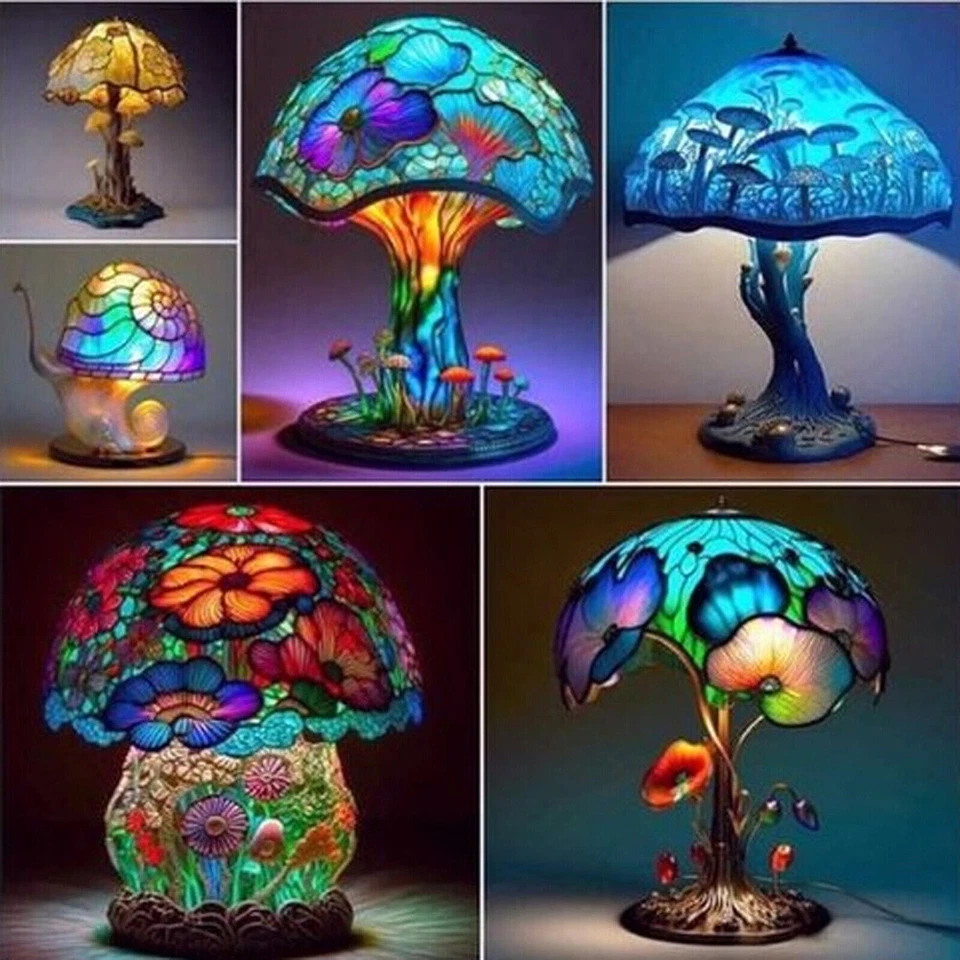 Vintage Stained Glass Plant Series Table Lamps Mushroom Creative Light Resin US - Image 1 of 4