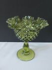 Fenton Olive Green Hobnail Ruffled PCE Compote  Measures 6 inches high