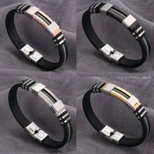 Fashion Men Stainless Steel Silicone Bracelet Wristband Cuff Punk Bangle Jewelry - Picture 1 of 14