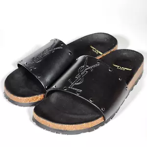 St. Laurent Jimmy Sandals Women's Black Leather Metal Studs Embossed Logo 8.5 US - Picture 1 of 20