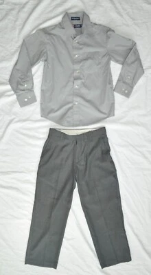 Chaps Boys Kids 8 Grey Long Sleeve Button Up Shirt & Dark Dress Pants Set Outfit - Image 1 of 4