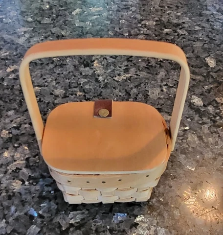 Lidded mini  Basket with moving handle and wooden lid , collection,doll etc Cover
