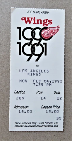 Red Wings vs L A Kings ticket stub Feb 04, 1991 - Yzerman 2 Goals - Gretzky Cover
