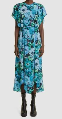 1650 美元 Stella McCartney 女式蓝色花卉飘动袖丝绸连衣裙 40 码 — 第 1/4 张图片