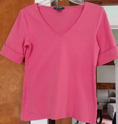 Women’s  Medium Ralph LAUREN V-Neck .. Short Roll Sleeve ..Pink Top..100% Cotton - Image 1 of 4