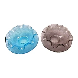 2 Italian Waffle Glass Ruffled Edge Condiment Bowl & Plate Vtg Aqua Blue Purple - Picture 1 of 12