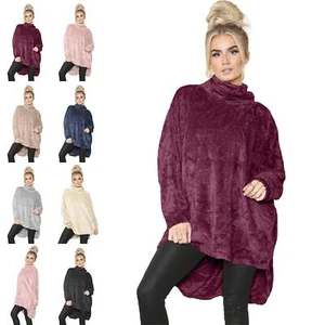 Womens Ladies Fleece Turtle Cowl Neck Baggy Long Sleeve Fluffy Faux Fur Jumper - Picture 1 of 12