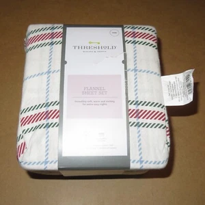 Threshold flannel sheet set - 3 pc white red green plaid TWIN NIP - Picture 1 of 15