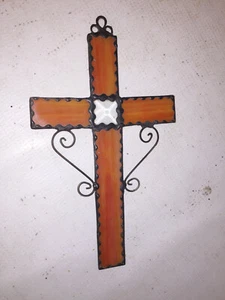 STAINED GLASS and Metal CROSS Sun Catcher Orange White 9" BY 5.25" FREE SHIPPING - Picture 1 of 7