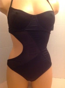 Victorias Secret Swimwear Lined Solid Black Monokini Sheer Panels NWT Medium - Picture 1 of 10