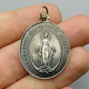 Antiker religiöser großer Silber Anhänger. Heilige Jungfrau Maria. Wunderbare Medaille. - Bild 1 von 7