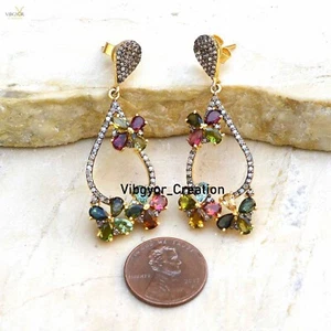 Multi Tourmaline Dangle Earrings Pave Diamond Jewelry 925 Silver Vermeil Jewelry - Picture 1 of 3
