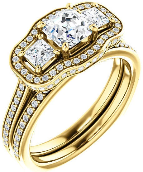 Anillo de compromiso de oro amarillo de 14 k con halo de diamantes redondo y 3 piedras Asscher de 2,17 quilates Foto 1 de 1