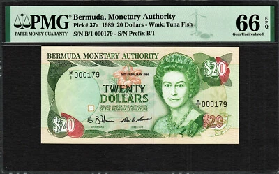 Bermuda $20 QEII 1989 1st Prefix B/1 Serial # 000179 Pick-37a GEM UNC PMG 66 EPQ - Image 1 of 2