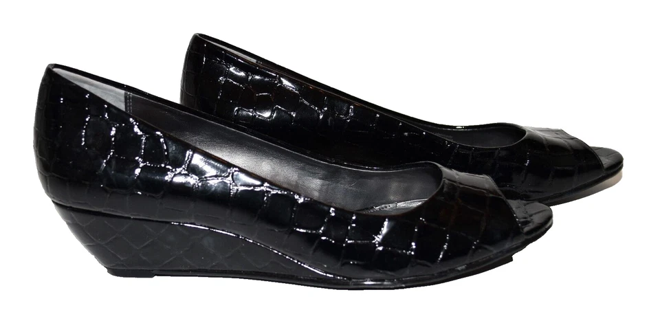 Zapatos de salón Alfani Cammi Step N Flex negros charol de cocodrilo imitación cuero punta abierta 8,5 M nuevos sin etiquetas Foto 1 de 4