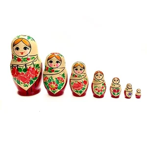 Russian Nesting Dolls Hand Painted Matryoshka Set Of 7 Red Flowers - Picture 1 of 13