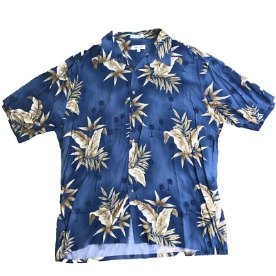 Pierre Cardin Men XL Rayon Hawaiian Leafs Short Sleeve Shirt Blue Tropical - Image 1 of 4
