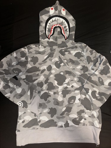 A BATHING APE (BAPE) FELPA CON CAPPUCCIO FULL ZIP BAPE HONEYCOMB CAMO SHARK GRIGIO UNA SCIMMIA DA BAGNO TAGLIA L