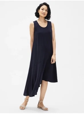 Vestido Eileen Fisher Seda Georgette Crepé Asimétrico Talla MD Sin Mangas Tinta Nuevo con Etiquetas Foto 1 de 4