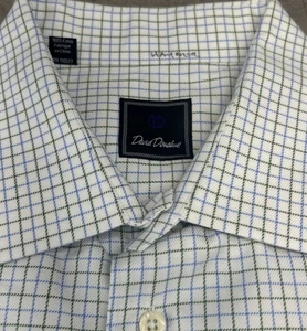 David Donahue Shirt 18 1/2 Men 34/35 Blue Green Plaid Long Sleeve Button Up - Picture 1 of 8