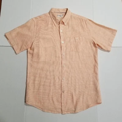 Weatherproof Vintage Men M Medium Short Sleeve Shirt Washable Linen Orange Peach - Image 1 of 4