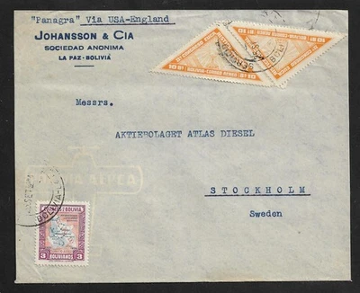 BOLIVIA TO SWEDEN AIR MAIL 10b TRIANGULAR PAIR + 1 ON COMMERCIAL COVER 1945? - Image 1 of 3