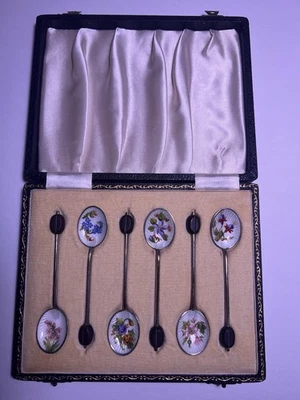 Beautiful 1955 W. Suckling Sterling Demitasse Spoons With Enamel Floral Design! - Image 1 of 4