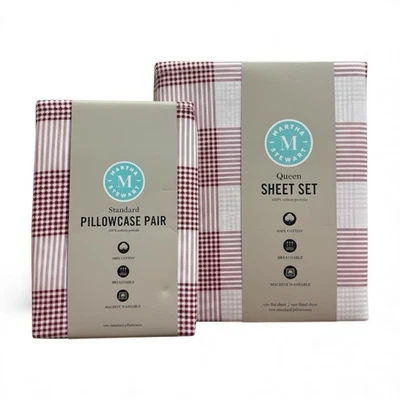 Martha Stewart Red Plaid Queen Sheet Set + 4 Pillowcases 100% Cotton Holiday Set - Image 1 of 4