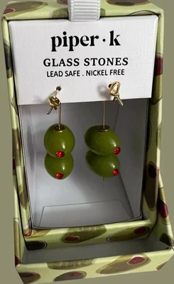 Piper. K Earrings Cocktail Olive Glass Stone Drop Dangle In Box New - Image 1 of 4