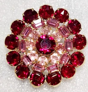 KRAMER of New York Signed Vintage Red & Pink Round Baguette Brooch C338 - Picture 1 of 9
