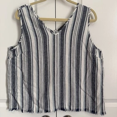 Vince Camuto в полоску без рукавов Майка XL синий белый льняной смеси бахрома кромки - Изображение 1 из 4