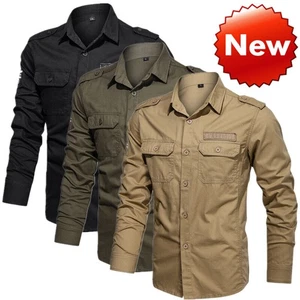 Militärhemden schmal neu Herren Langarm Taschen Armee Baumwolle Freizeit Oberteil Hemden - Bild 1 von 19