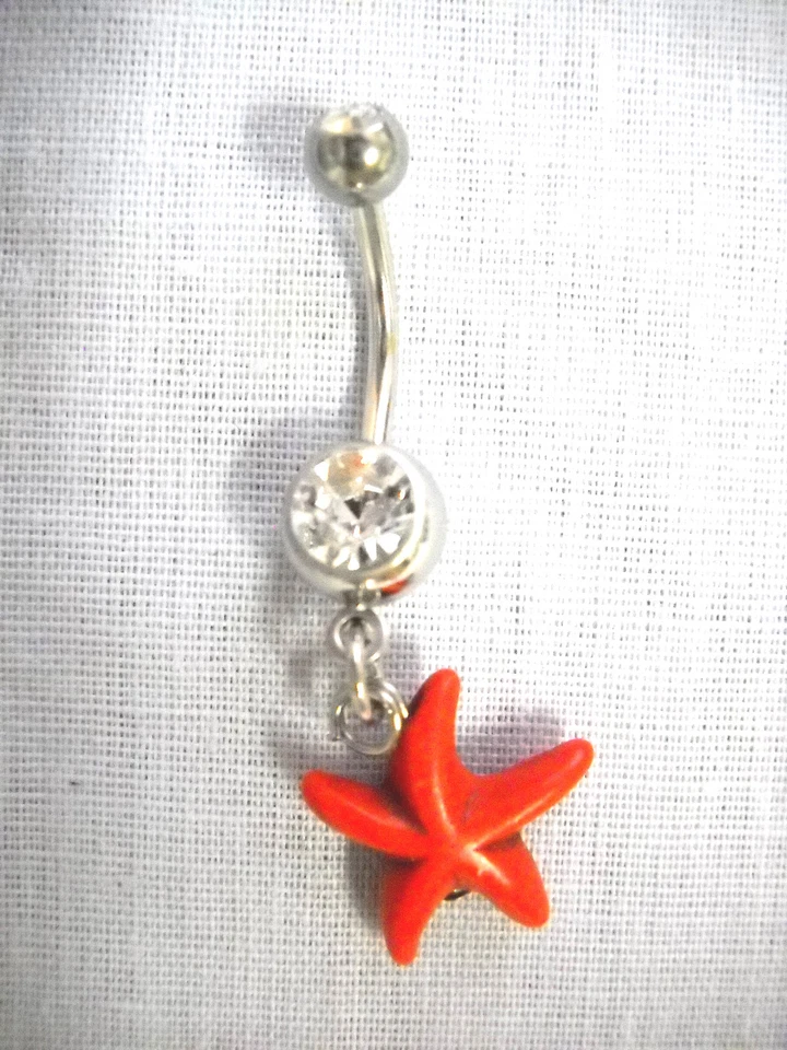 NUEVO NARANJA ESTRELLA DE MAR PLAYA DIVERTIDO ENCANTO DE 2 CARAS EN DESLUMBRANTE ANILLO DE VIENTRE BARRA DE CIRCONITA CÚBICA Foto 1 de 1