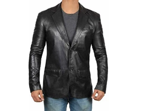 Men's Genuine Lambskin Leather Blazer Jacket Coat Two Button Black Slim Fit Coat - Picture 1 of 10