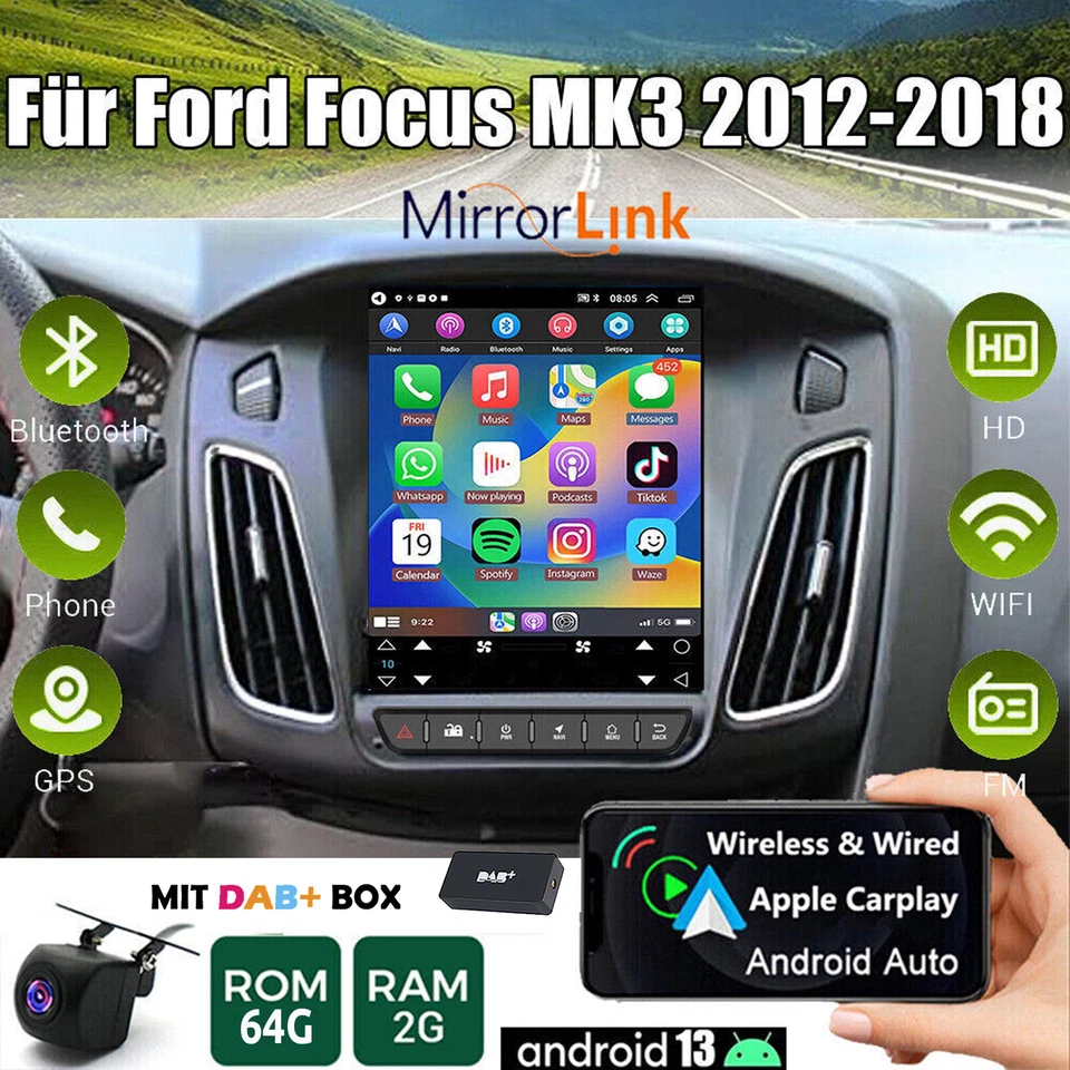 Für Ford Focus MK3 2012-18 DAB+ Android 12 CarPlay Autoradio GPS Navi RDS Kamera - Bild 1 von 4