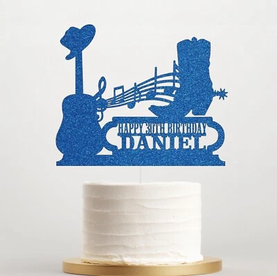 Personalised Boys Cowboy Boot Music Birthday Glitter Name Age Cake Topper - Image 1 of 4