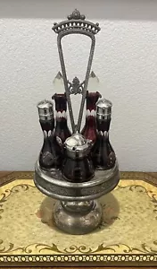 Ruby Cut to Clear Cruet Glass Bottles Castor Set Silverplate Antique Server 11pc - Picture 1 of 14